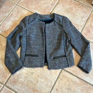 Blazer. Tweed. Grey+ multi colors with leather piping accents. Small.